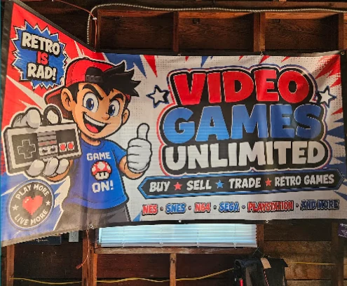 Video Games Unlimited banner reading Buy, Sell, Trade, Retro Games
